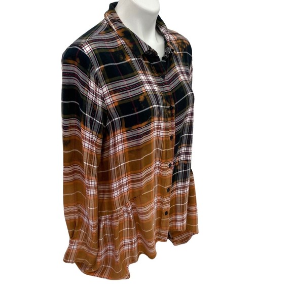 Peace & Pearls Womens Plaid Button Up Sz Large Upcycled Bleach Ombre Stencil - Picture 2 of 12
